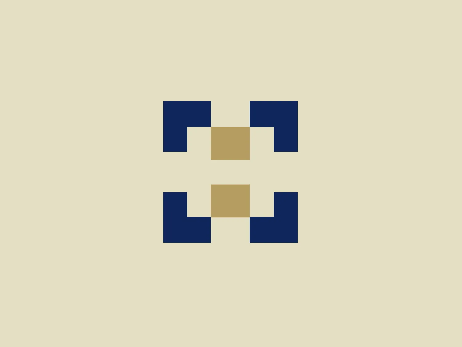 The Hasibat logo showcases a symmetrical, geometric design with four navy blue right-angled, L-shaped elements converging towards the center, complemented by a muted beige central square. The minimalist and modern aesthetic, featuring clean lines and block colors, conveys stability and professionalism, while the strategic use of negative space accentuates the organized, grid-like pattern.