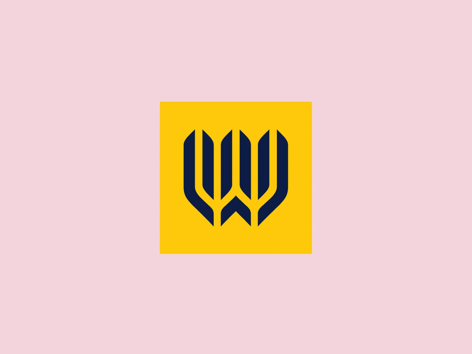 The Washington Mutual logo consists of a stylized emblem with three identical abstract shapes resembling leaves or petals, arranged symmetrically to form a unified motif resembling a crest or shield. The bold navy blue color of the shapes against a bright yellow square background creates a striking contrast, giving the logo a modern and dynamic feel. The aesthetic implies strength, growth, and unity.