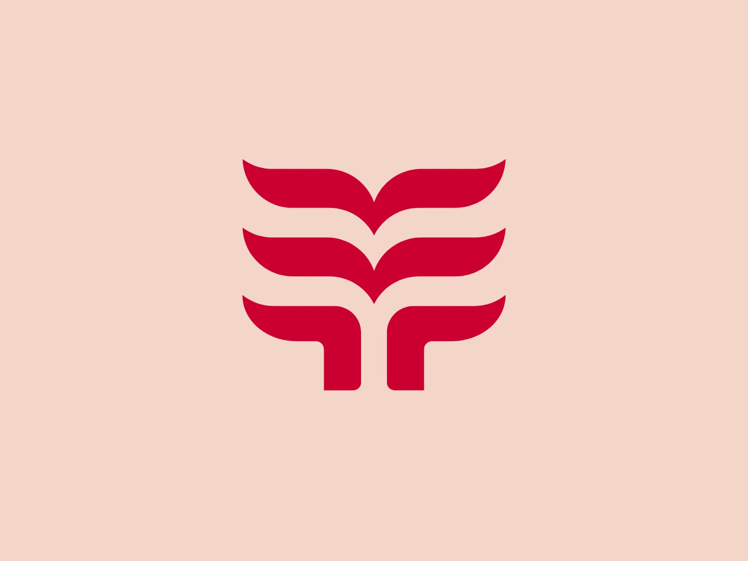 The Tehy logo is a symmetric, abstract mark featuring four distinct, wing-like elements comprised of two curved shapes mirroring each other horizontally. Rendered in a bold red color, it creates a dynamic and modern feel. Simple yet striking, the pair of curved shapes resemble stylized fliers or leaves, converging towards the center at a central vertical axis, adding balance and stability to the design. The use of negative space between the shapes enhances the visual impact of the mark.