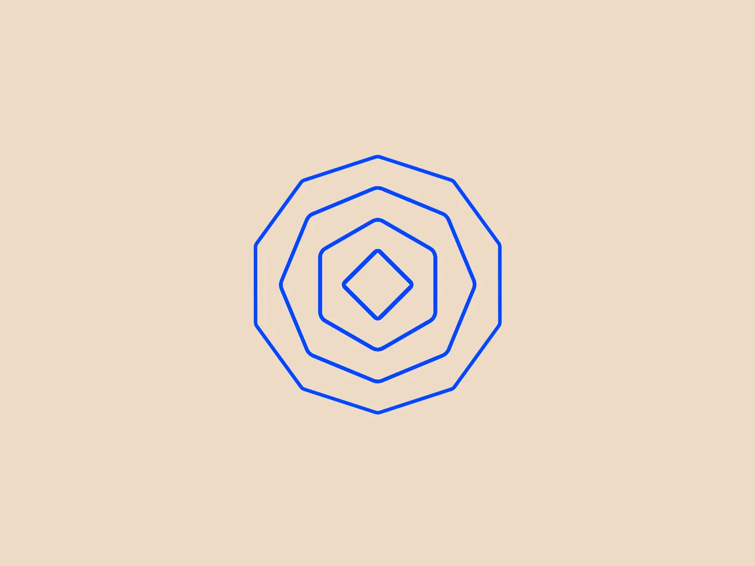 The Chorus Network logo features a series of three concentric, irregular hexagons with each successive inner shape having slightly rounded corners, progressively getting smaller and more regular in shape. The color of the lines forming the hexagons is a solid blue, and the design has a minimalist and geometric aesthetic. The innermost hexagon aligns more closely with a traditional hexagon shape, while the outer shapes appear to be more abstract variations of the six-sided figure. The simplicity of the design suggests modernity and could possibly imply a focus on precision or technology. Selecting a background color that contrasts yet complements the blue, without overpowering it, would enhance the logo's visibility and aesthetic.