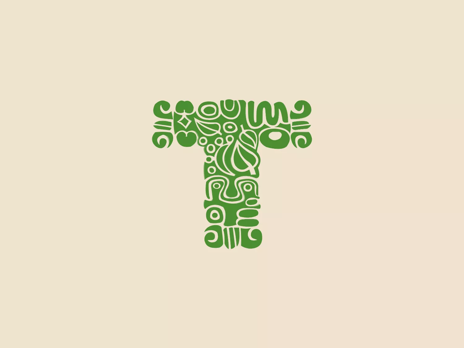 The Tierra Fértil Foundation's logo is in the shape of the letter "T," incorporating abstract and organic green shapes. The design includes swirls, dots, stars, leaves, and paisley-like patterns, creating a playful and artistic nature-inspired theme. The monochromatic green palette gives it an eco-friendly and fresh energy.
