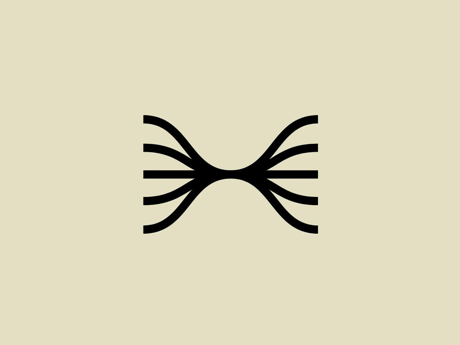 The Harmonic Discovery logo features a symmetrical, abstract design with a central, horizontal, elongated, curved shape that creates an hourglass or bow-like appearance. Thin, uniform, black lines radiate from the central shape, resembling the spread wings of a butterfly or eye lashes. The consistent thickness and stark black against a plain white background give the logo a clean, modern, and sophisticated look.