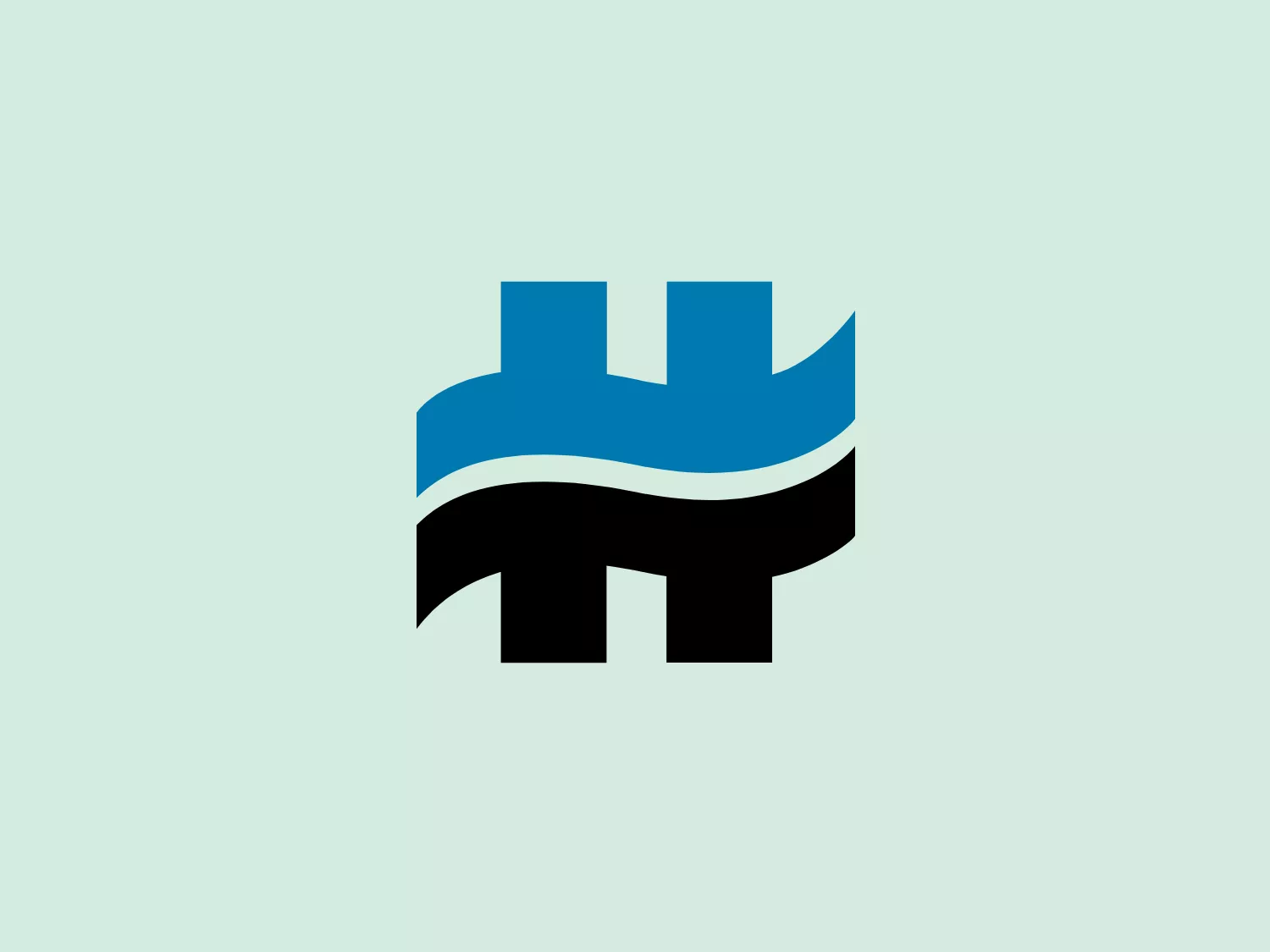 The logo for Hercules Offshore features a modern and dynamic representation of two elements, possibly letters, with sharp angles and bold lines. Three colors are used: a rich dark blue, black, and a white curved line separating the blue and black areas to add dimension and movement. The upper blue shape resembles the top half of an 'H' or a stylized bridge, while the black shape resembles a 'W' or a structure's support. The design evokes a sleek, professional aesthetic and conveys solidity and strength.