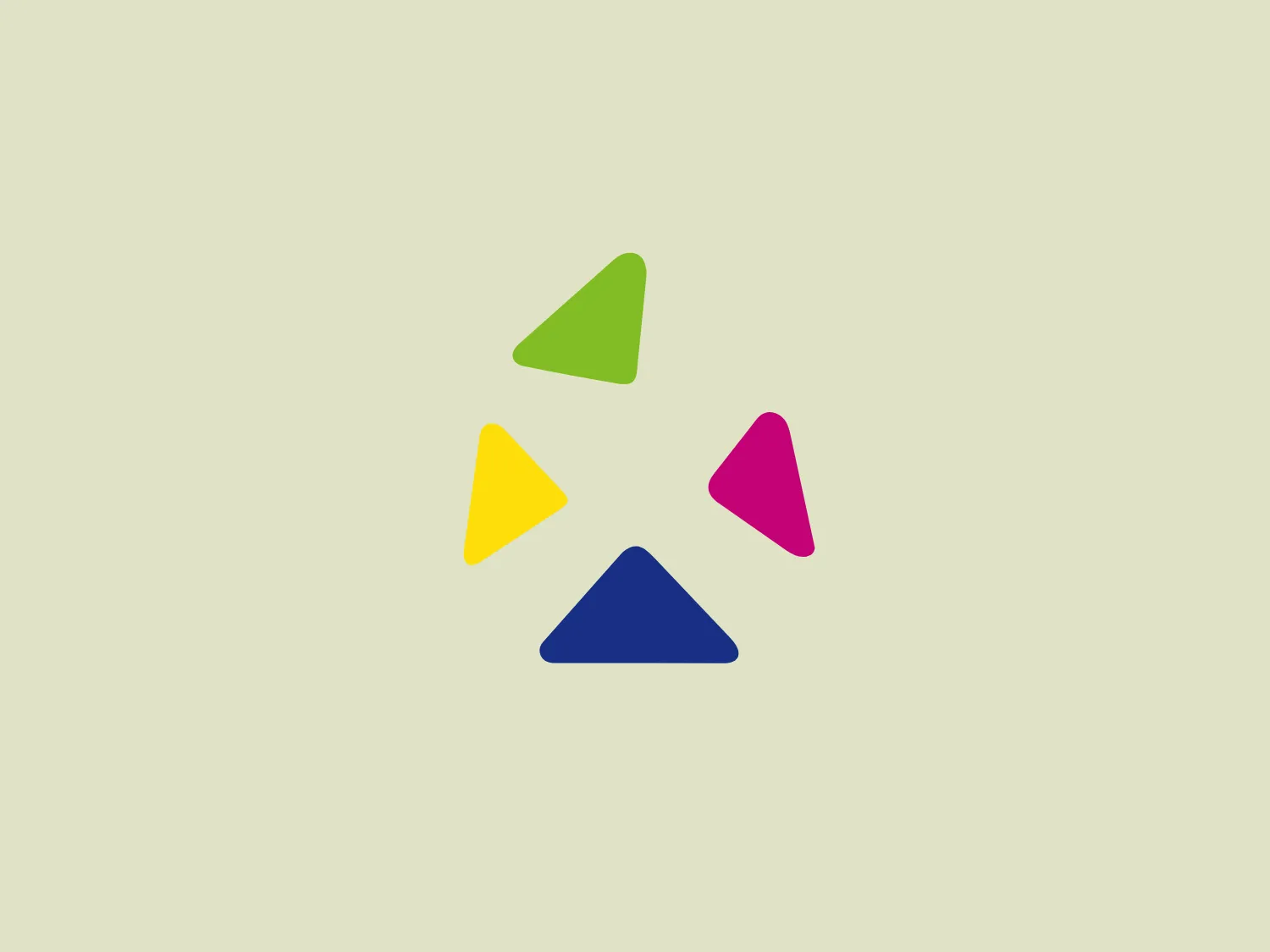 The XP Pen logo features four triangles pointing towards the center with different solid colors: green, yellow, navy blue, and pink, creating a sense of convergence and unity. The design uses flat colors without gradients or shading for a professional and clean aesthetic. The slightly rounded corners of the triangles soften the usual sharpness of geometric shapes, making the logo appear friendlier and more approachable.