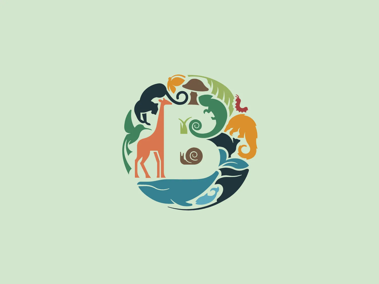The Biodiversify logo is a circular composition filled with a variety of organic shapes and symbols, including several animals such as a giraffe in the center, surrounded by stylized representations of a sea wave, a leaf, and possibly a bird or a fish. The overall design carries an artistic, fluid style with a balanced and harmonious aesthetic, focusing on natural beauty and diversity. The color palette used is earthy and aquatic with hues of green, blue, orange, and brown, suggesting an environmental or nature-based theme.
