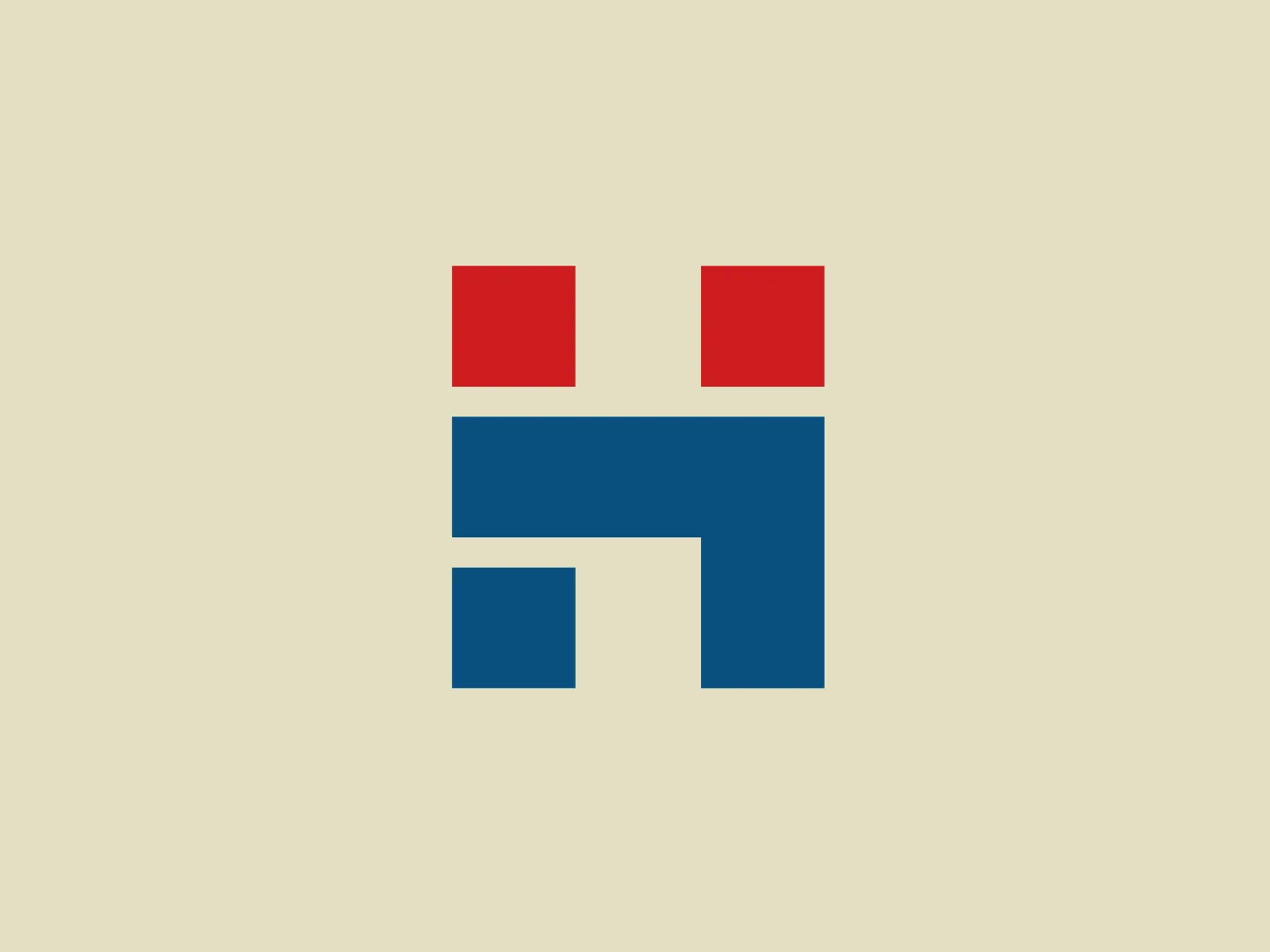 The Hadassah logo is a stylized, abstract letter "H," formed by arranging geometric shapes symmetrically. It features two red square blocks on top and a bold blue horizontal rectangle that connects the squares and extends partly downward. This creates the effect of an uppercase "H," conveying balance and stability. The primary colors contribute to a clear, direct branding approach, and the overall aesthetic is modern and minimalist, emphasizing simplicity and efficient design.
