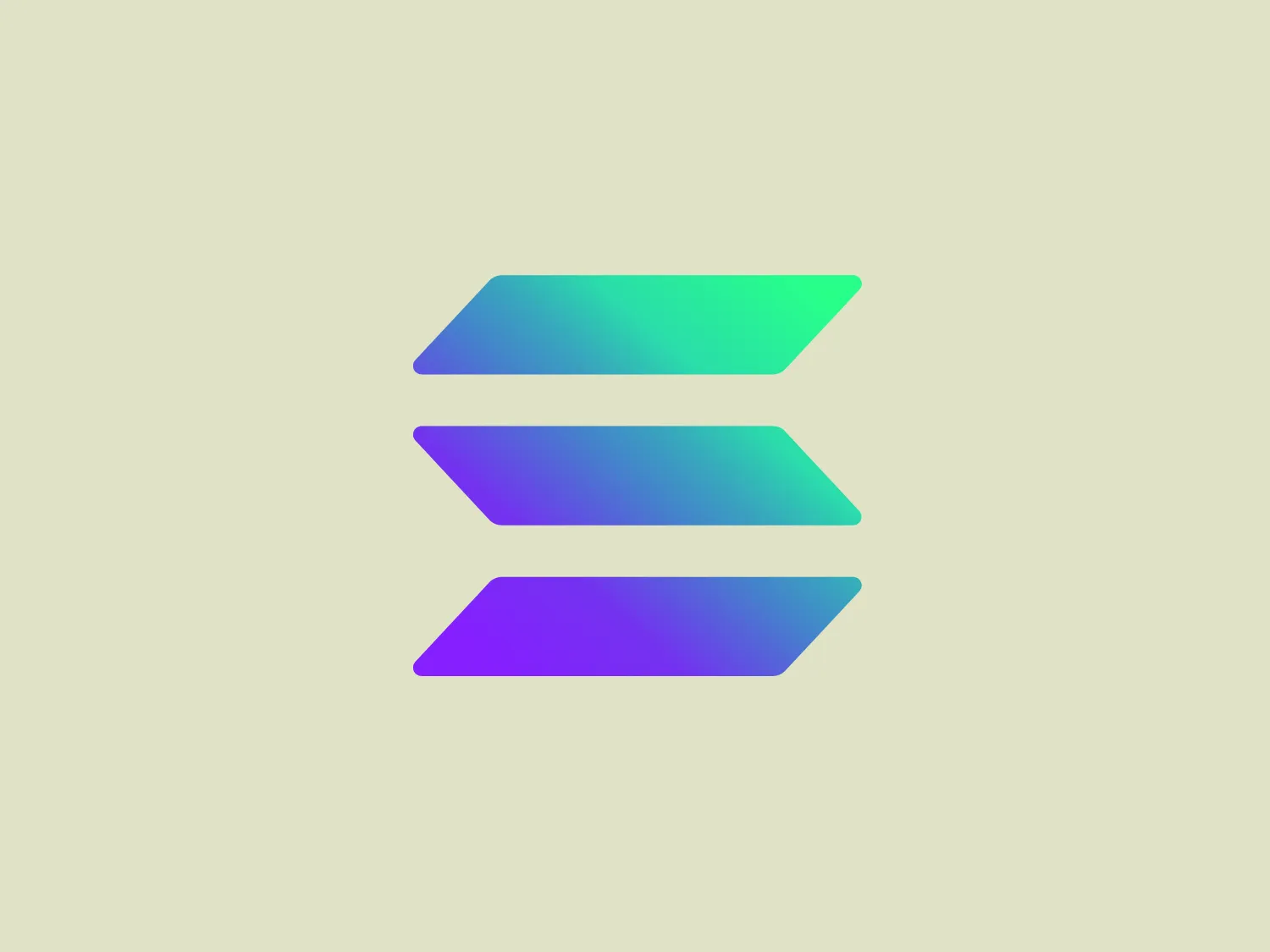 The Solana logo features three stacked parallelogram shapes with rounded corners and a smooth gradient filling. The shapes vary in size, creating a sense of motion and hierarchy. The vibrant teal transitioning to royal blue and then to deep purple conveys a modern and dynamic feel, suggesting innovation and technology. The absence of any text or additional elements results in a clean, minimalist design.
