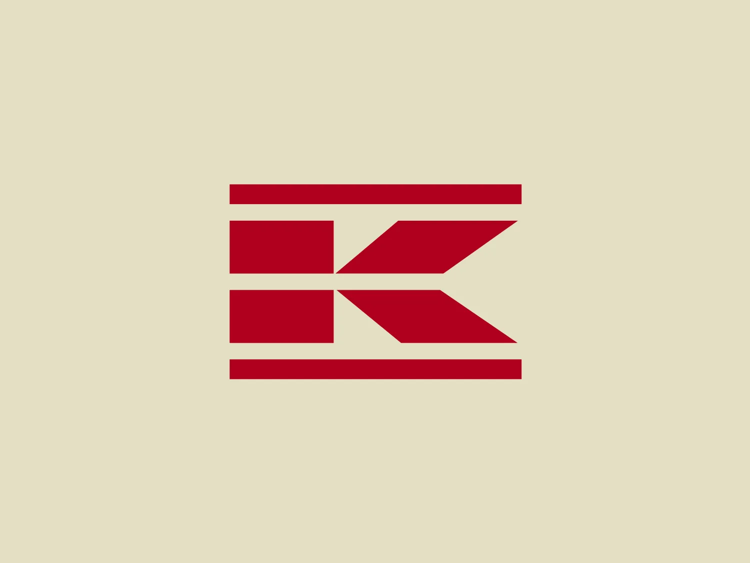 The Kramp logo is a geometric and abstract design resembling the uppercase letter 'E' stylized with right angles and composed of three solid red rectangles with sharp edges. The rectangles are arranged in a manner that creates negative space, giving the impression of horizontal lines running across the width of the 'E'. It has a modern and minimalist aesthetic, with bold symmetry and the use of a solid, bright red color. There is a dynamic feel to the design because of the orientation of the rectangles, suggesting speed, precision, or advancement.