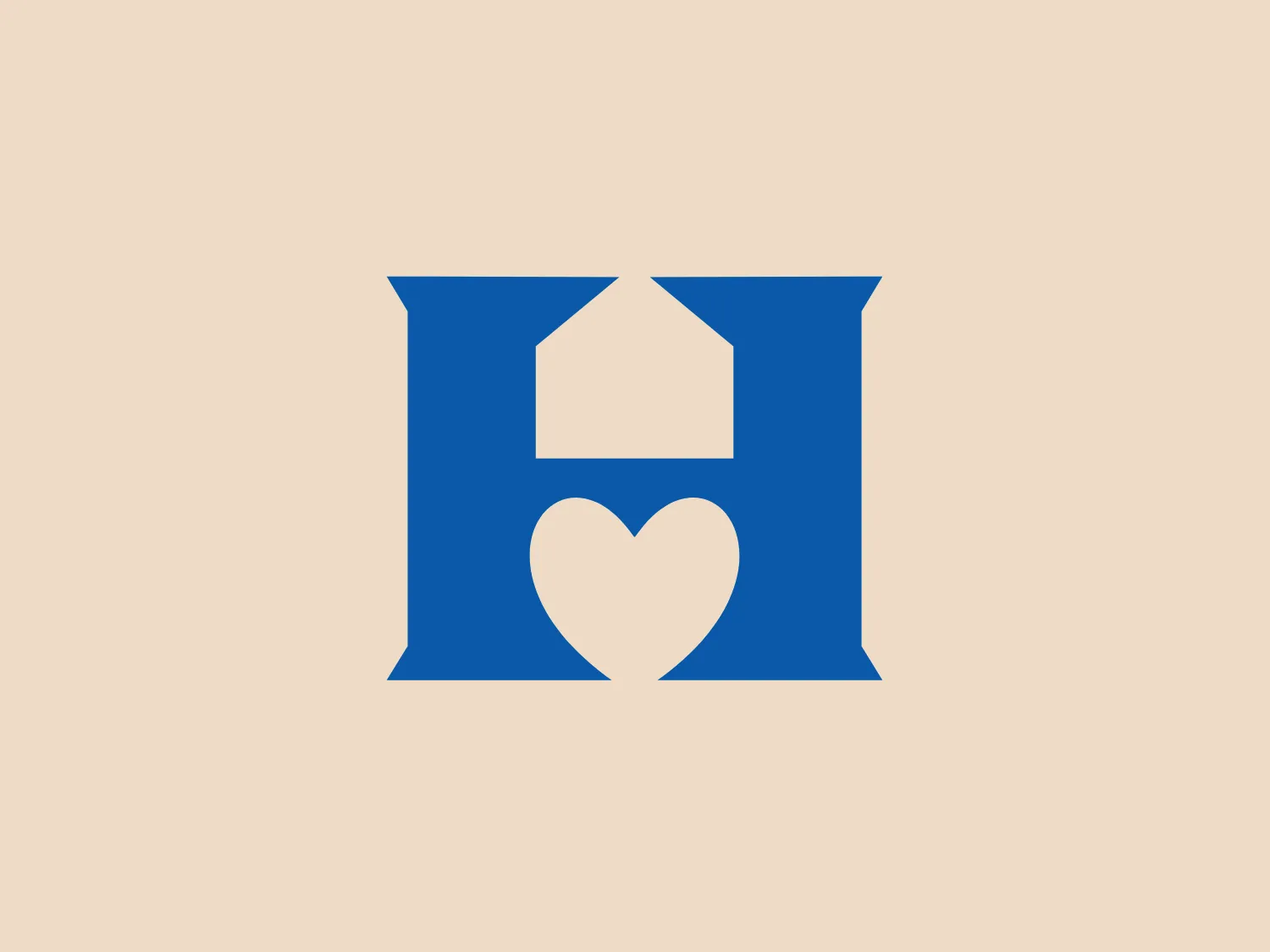 The Homplex logo is a minimalist design with a bold, solid blue color. The main shape resembles a capital "H," with the left vertical bar slightly detached at the top, creating a small abstract house shape with a pointed roof. Inside the lower portion of the "H," centrally located, is a white heart symbol, lending a sense of warmth and care to the design aesthetic. The straightforward geometry and clear visual elements give the logo a modern, clean, and professional look, adaptable across various media. With the blue and white color scheme, a light background would complement it well.