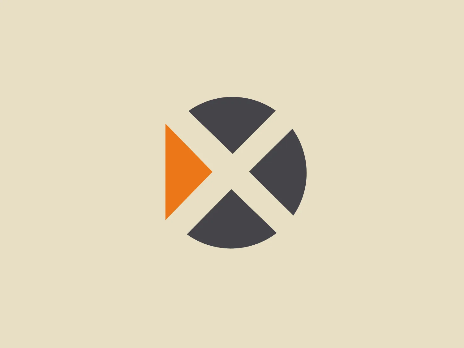 The "X Rite" logo features a stylized circular motif resembling an abstract compass, composed of four triangular segments with rounded corners converging towards the center. The segments alternate in color between neutral grey shades, with one segment standing out in vibrant orange. This contrast creates emphasis on the orange sector, potentially symbolizing direction, energy, or a focal point. The design aesthetic is modern and clean, suitable for a variety of applications.