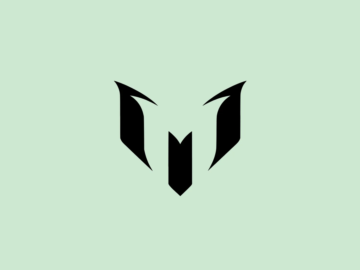 The Leo Messi logo features a stylized, symmetrical emblem that conveys a sense of strength and modernity. Composed of bold, black shapes that resemble an abstract representation of an animal or a warrior's mask, it has pointed features that might be interpreted as ears or horns at the top and a V-like shape at the bottom that could resemble a beak or arrow tip. Its sharp angles and the use of negative space give it a fierce and edgy look, implying a sense of power and aggression.