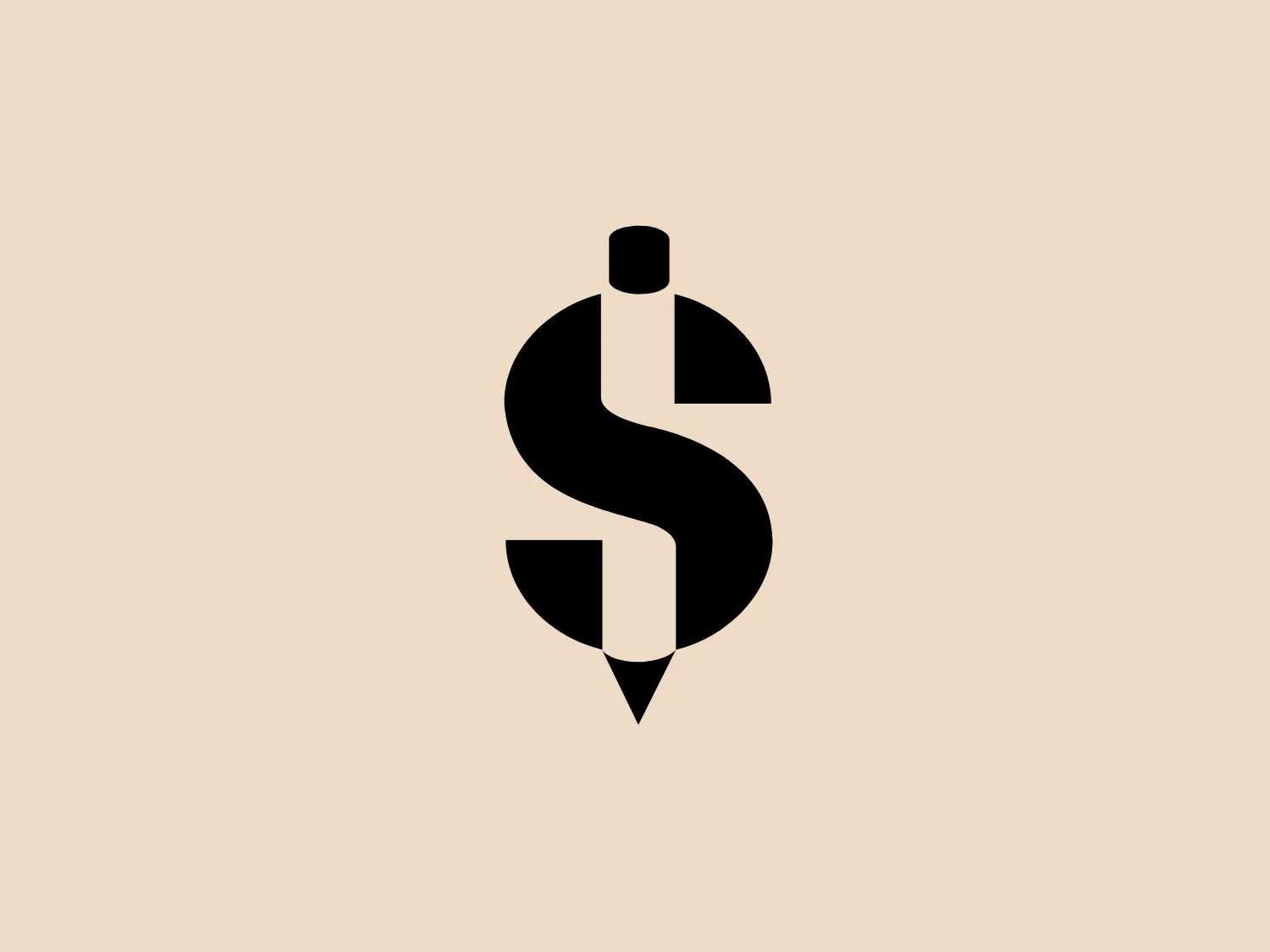 The Symbol Studio logo features a stylized representation of a dollar sign ($) with sharp geometric shapes and hard angles, creating a modern and edgy look. The monochromatic black and white color scheme enhances its bold and striking appearance. The top part resembles the capital letter 'S' while the bottom takes the form of a pencil tip, suggesting themes of finance, writing, or precision. The design effectively conveys its message through the creative fusion of common symbols with a contemporary twist.