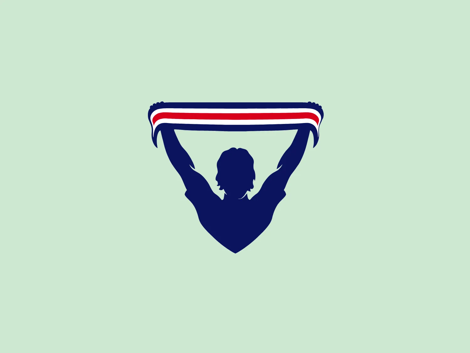 The Veikkausliigan logo features a bold, stylized design of a person from the waist up with arms outstretched above, holding a flowing banner that undulates with red and white stripes against a deep navy blue backdrop. The individual's form is depicted in a solid navy silhouette with detail that suggests a strong and dynamic posture, giving the impression of victory or celebration. The curvature of the banner implies motion, and the overall design evokes a sense of patriotic pride or sportsmanship. The color palette is reminiscent of the American flag, which conveys a strong nationalistic theme.
