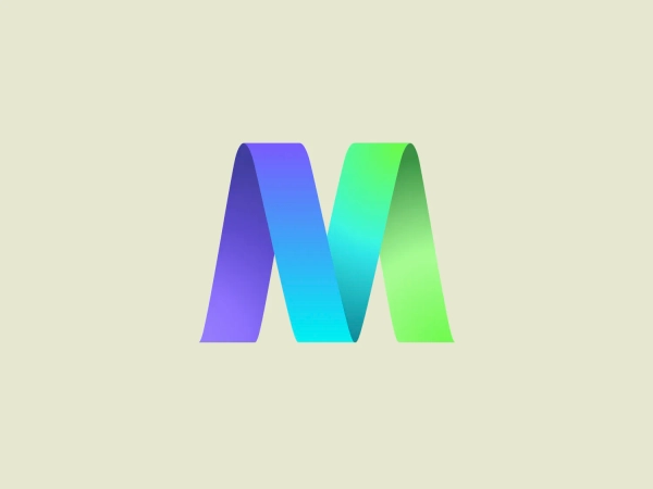 The Mytilineos logo showcases a stylized letter "M" with a contemporary and polished design. Comprising three-dimensional facets, the "M" creates a ribbon-like effect, lending it a dynamic and fluid appearance. Smoothly transitioning from deep violet to bright green, the color gradient flows through shades of blue and cyan. The minimalist and futuristic design is accentuated by gradients and subtle shadows, imbuing the logo with a sense of depth and prominence against the background.