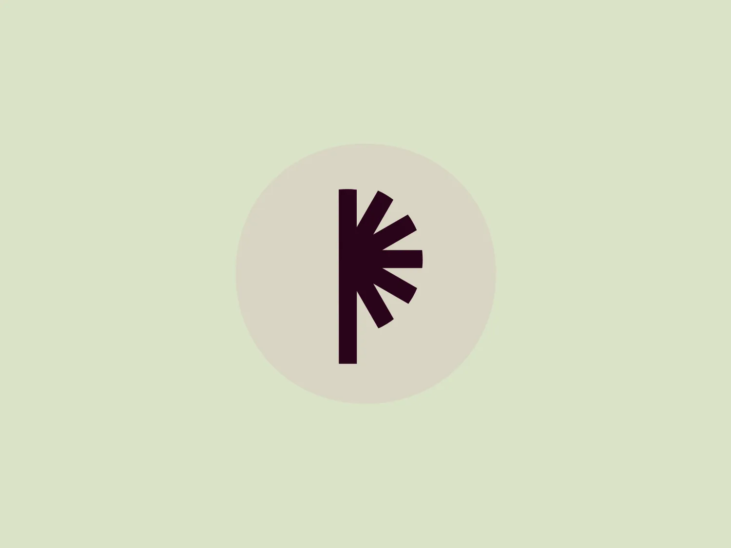 The image features a minimalist logo consisting of a dark purple, stylized letterform or symbol reminiscent of a "K" or a radiating pattern from Para AI, situated centrally against a light, desaturated beige circle. The design is simple with a modern and clean aesthetic, employing solid colors without gradients or intricate textures. The sharp lines of the symbol contrast with the soft circular background, creating a balanced visual focus.