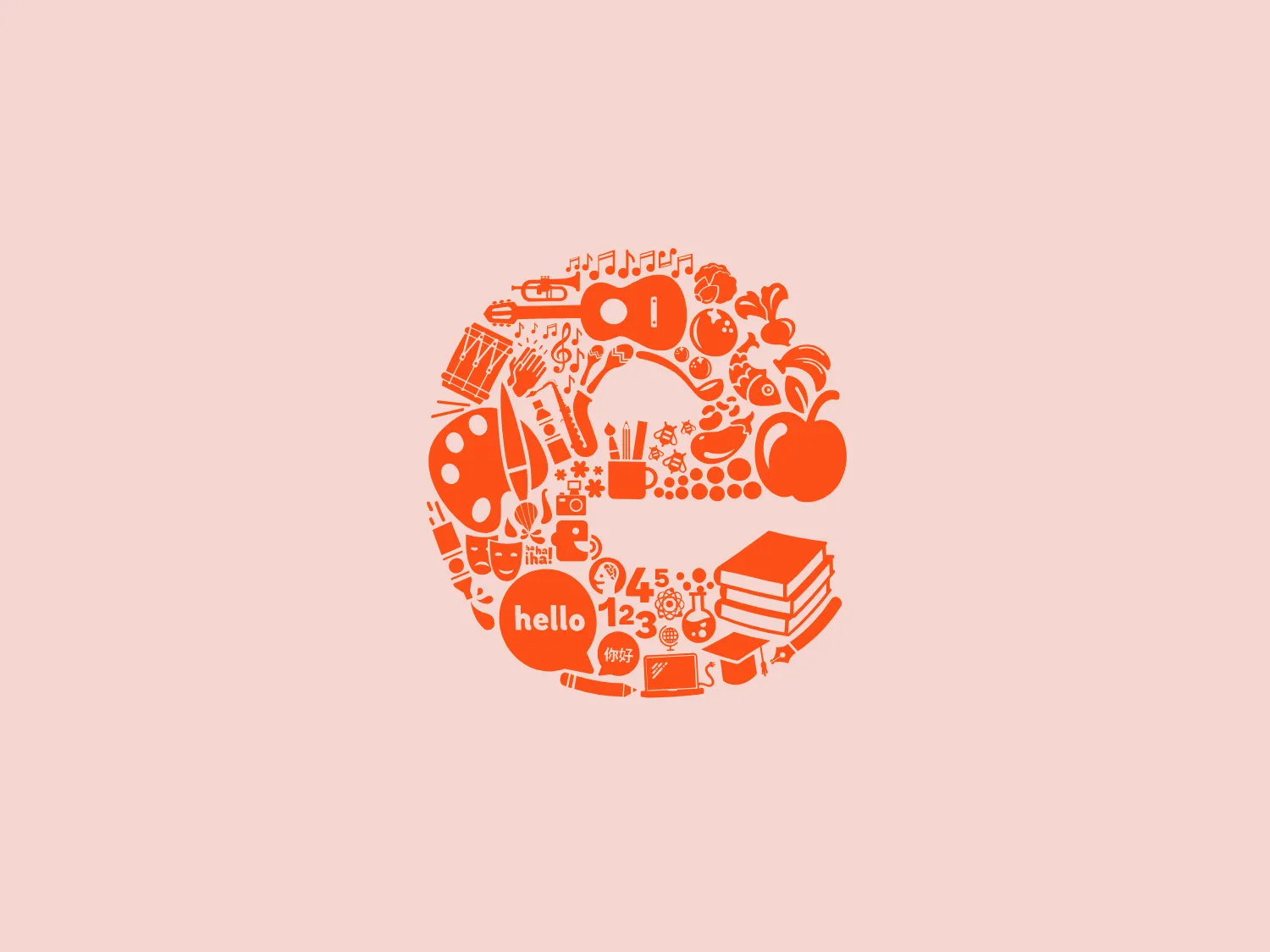 The logo for Endeavour Early Education features a circular arrangement of diverse icons and symbols, representing various aspects of learning and culture. It includes symbols ranging from musical notes to fruits, books, mathematical symbols, and tech devices, forming a vibrant ecosystem of knowledge. The monochromatic orange color scheme gives the logo a warm and energetic vibe. The design aesthetic is modern and playful, targeting individuals interested in education and personal growth. Small details like the lowercase word "hello" add a welcoming touch to the design. The icons are crafted with a balance of simplicity and detail, making the logo visually engaging while maintaining legibility.
