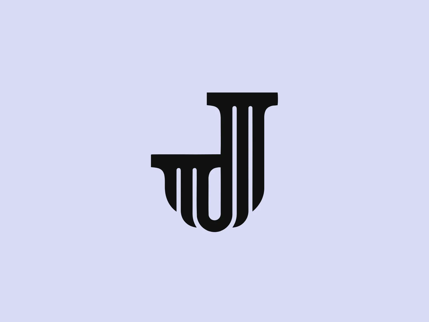 The Joshua B Clark logo features a stylized letterform that resembles the combination of a 'J' and a 'U', demonstrating a fluid connection between the two characters. The design is minimalistic, using a dark navy color (possibly #000000 for the logo itself) with strong vertical lines and a solid silhouette which subtly forms a cup at the bottom curve of the 'J'. The thickness of the lines varies, adding a dynamic quality to the design, and the serifs at the upper ends of the letterform hint at a classical or traditional influence. The simplicity and sophistication of the design would be complemented well by a subtle background color. Hexcode: #F2E2D0