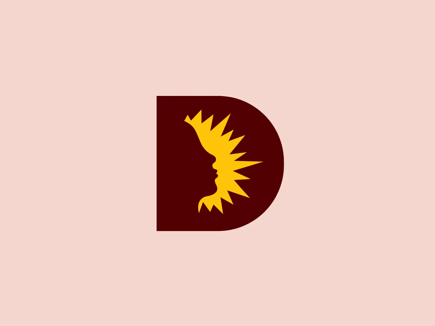 The Dallas Independent School District logo consists of a bold, modernistic capital letter "D" in a deep maroon color. Against this backdrop, a stylized yellow silhouette resembling a flame or sunburst pattern is superimposed, creating a stark contrast. The silhouette appears to form a profile of a face, with the flame or sunburst representing hair or emanation from the mind. The overall effect is dynamic and powerful, suggesting energy, creativity, or thought leadership. The shapes are simple yet evocative, and the two-color palette is striking and easy to reproduce across various media.