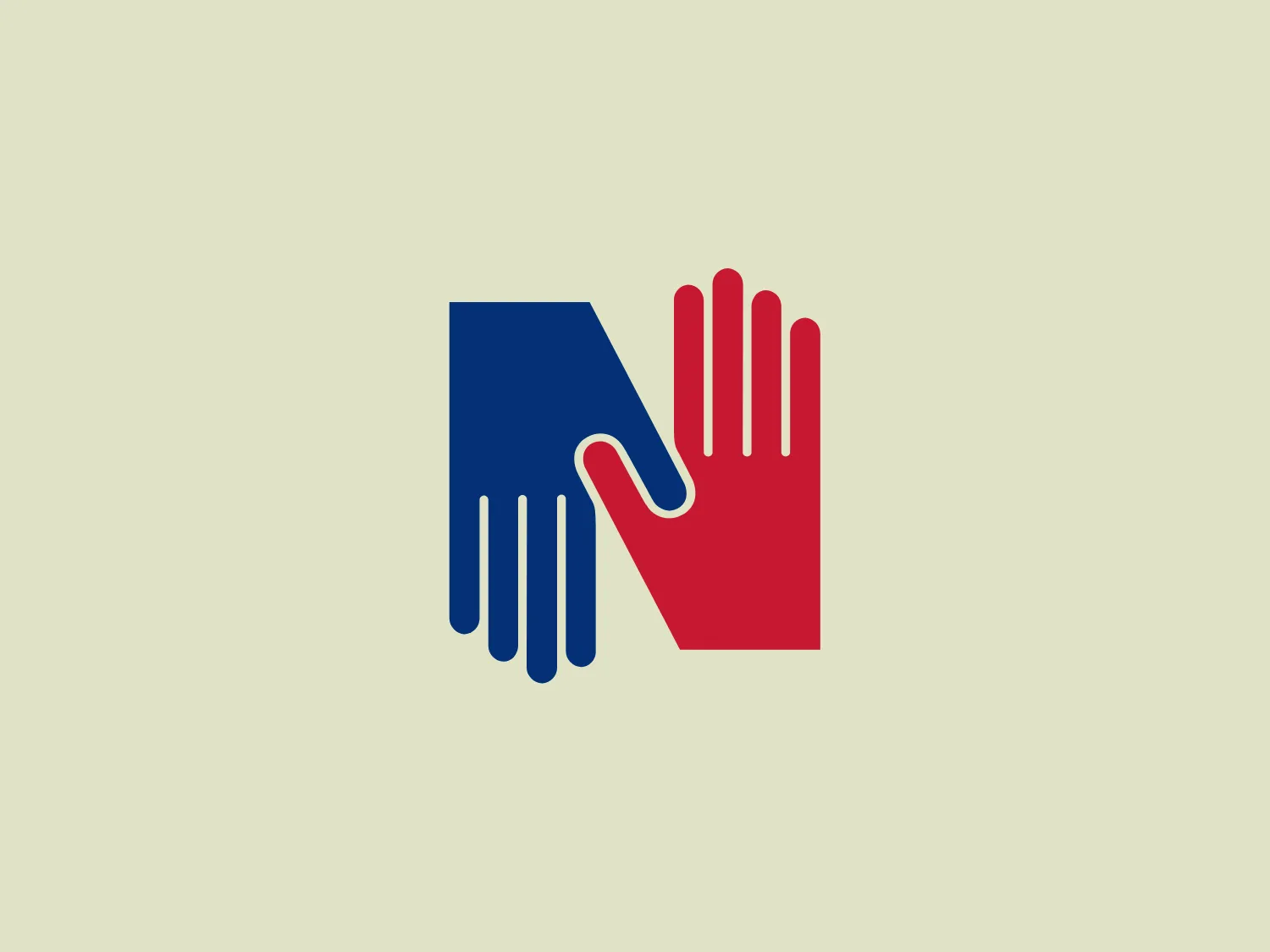 The Royal College of Nursing logo features a stylized handshake with a deep blue hand on the left and a red hand on the right. Both hands are outlined in white to enhance contrast and ensure the design stands out. The simplified silhouette and well-defined fingers make the handshake gesture instantly recognizable. The overall design is clean, modern, and uses a bold color scheme that communicates trust, strength, and connectivity. Given the colors used, a background that does not compete with the integrity of the logo is ideal.
