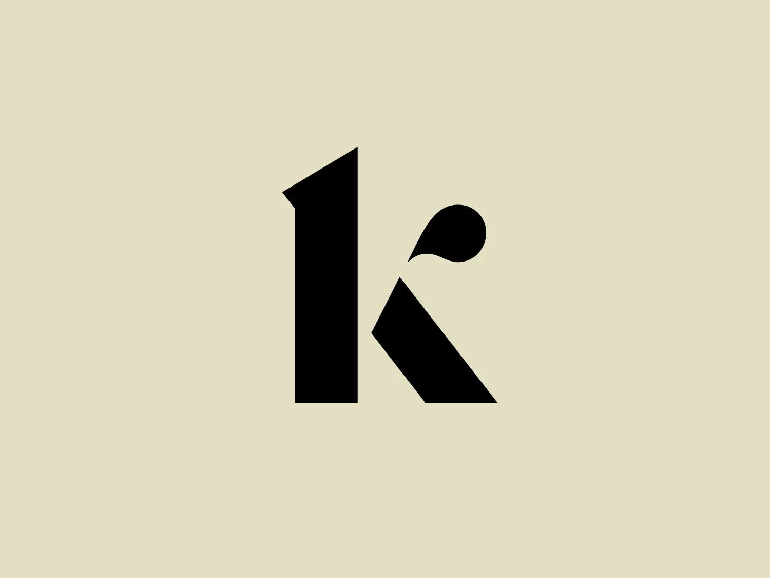 The image showcases a sleek black logo with geometric shapes creating an abstract "K." It includes a bold upright rectangle as the main structure, along with a right-angled triangle resembling the letter's lower leg. A small teardrop-like shape adds sophistication and can be interpreted as an apostrophe, a human profile, or an artistic detail. The solid black color and clean lines exude modernity and professionalism.