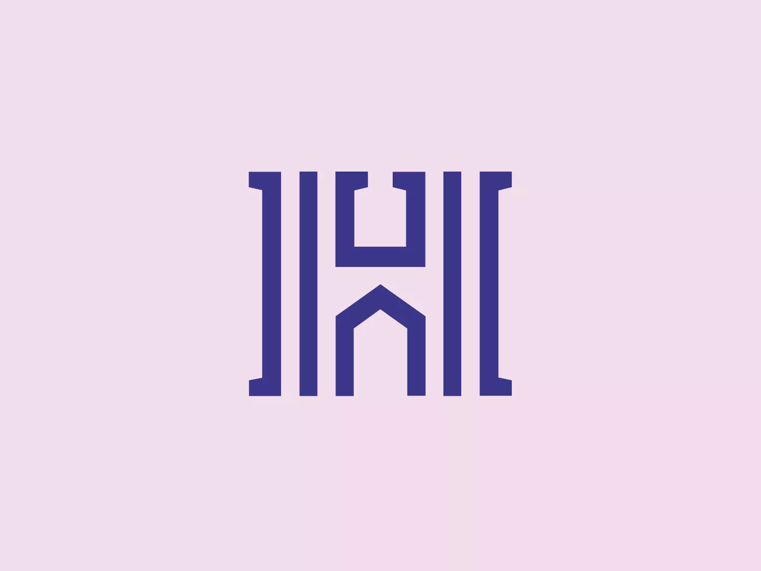 The Houghton University logo features a stylized, symmetric rendition of the letters "M" and "H" merged into a single, coherent design. Each letter is represented through bold, vertical strokes with right angles, employing negative space effectively to differentiate the individual characters. The logo uses a solid, monochromatic deep blue color, giving it a professional and modern appearance. The aesthetic is minimalistic, with a strong focus on geometry and precision, which would likely suggest a tech or corporate brand identity.