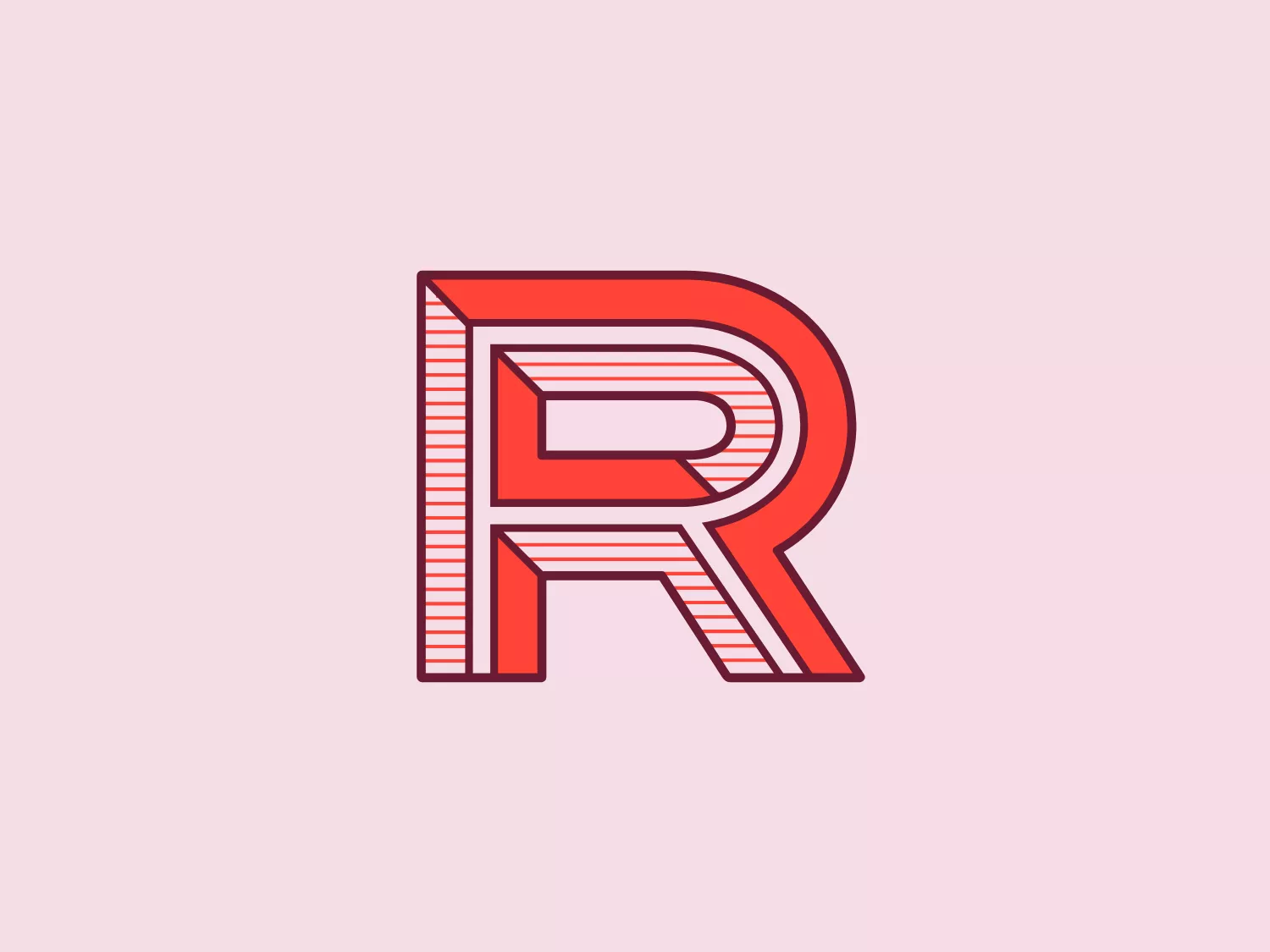 The image displays a stylized letter "R" with a 3D effect in a red-orange hue with a light beige shadow and highlighting effect. The "R" has a thick, bold outline and parallel lines giving it a striped appearance. The design has a modern and clean look with a sense of depth due to the shadow effect on the bottom and right sides.