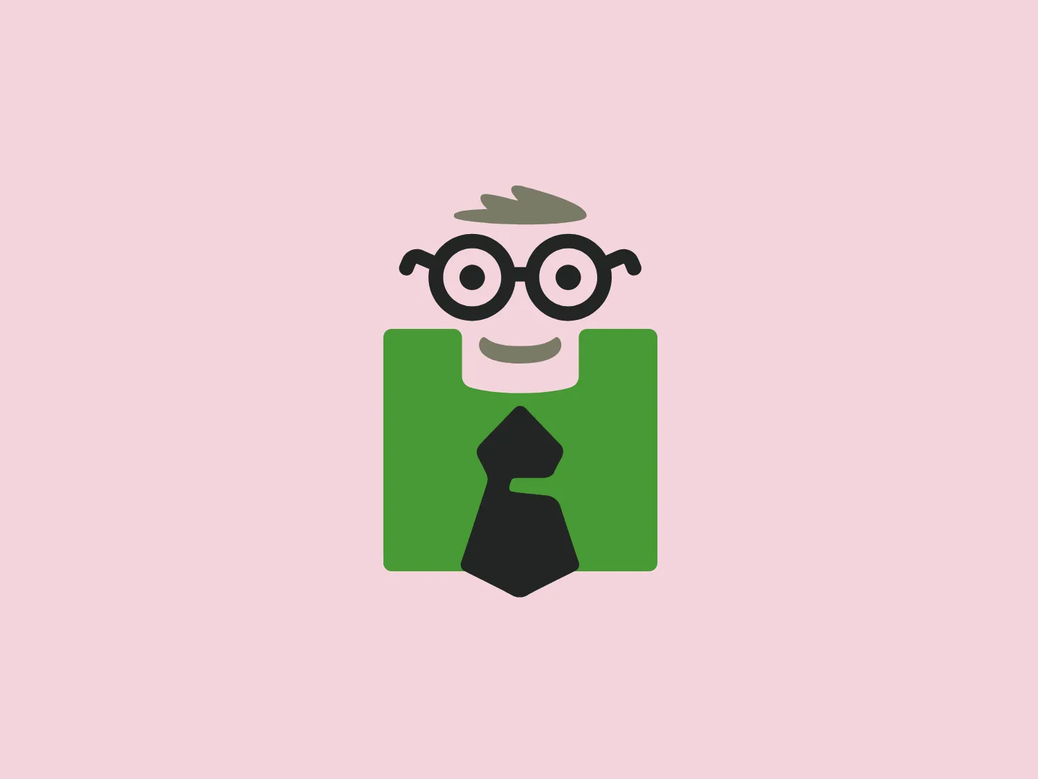 The image presents a stylized logo featuring a playful, anthropomorphic character composed of simple geometric shapes. The character, representing the Hurdlr brand, consists of a solid dark green square with rounded corners, which forms the body, with a light gray negative space shaped like a tie centered on it. The head is a white square with softened edges, topped with a small tuft of hair depicted by a gray squiggle. Facial features include two black-rimmed, circular glasses with hints of light reflections, and a simple, curved black line for a mouth. Dark gray semi-circles represent the ears, aligned with the glasses. The logo has a youthful, approachable look and feels due to its cartoonish simplicity and the friendly face of the character. The color combination of dark green, black, light gray, and white gives it a professional but whimsical aesthetic.