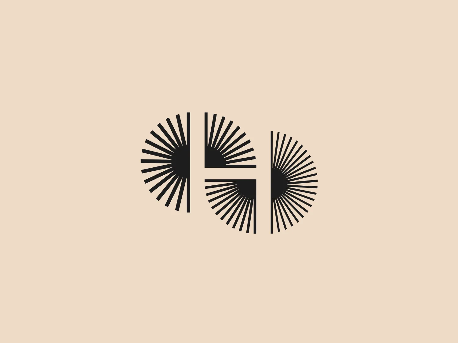 The Houston Ballet logo depicts two stylized circular forms, reminiscent of abstract suns or flowers, with radial lines spreading outward from the centers. Each circle contains a solid block shape that cuts through the lines, creating a negative space effect. The design uses a monochromatic scheme with a dark gray or black color that provides a strong contrast, giving it a sleek, modern feel. The use of geometric symmetry and negative space creates a visually intriguing image that is both minimalistic and sophisticated.