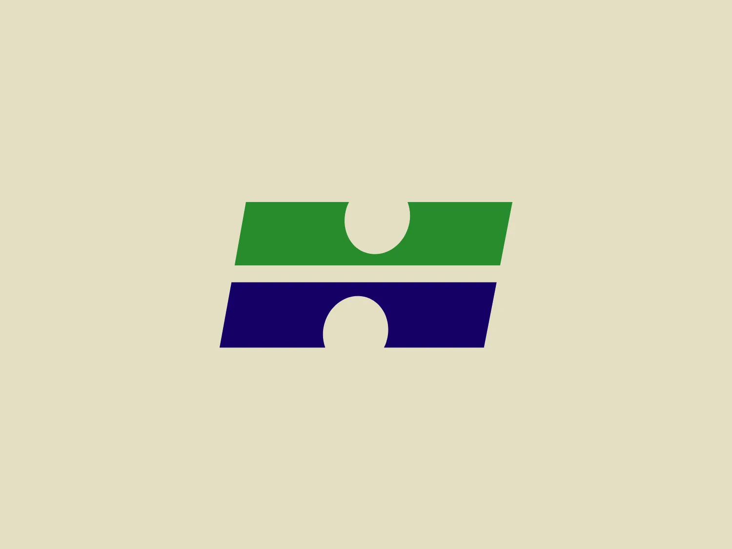 The Havex logo features two bold, contrasting blocks of color, one green on the top and one blue on the bottom, separated by a horizontal white space. Each colored block has a flat top and a semi-circular cut-out at the bottom, which align to form a complete circle when the blocks are viewed as a whole. This creates a visual effect that mimics two pieces of a puzzle coming together, symbolizing connection or unity. The design is simple, modern, and easily scalable, making it suitable for various applications. The colors are vibrant and would stand out against a more subdued background.