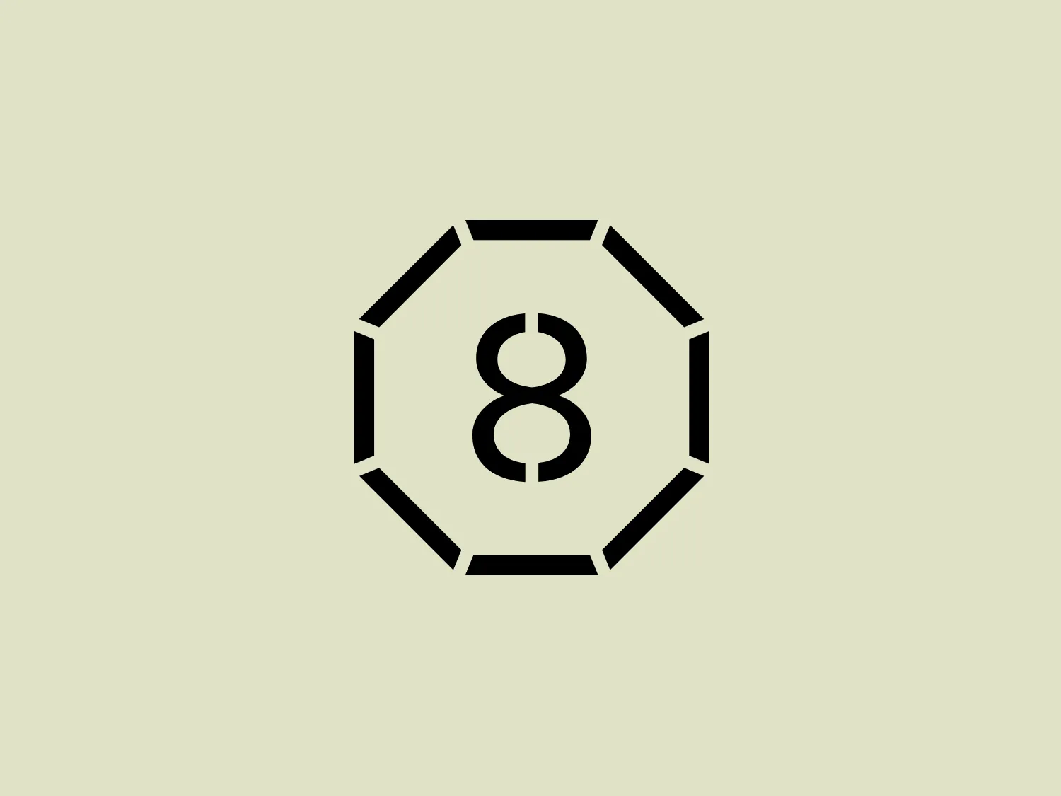 The 8 Doors Distillery logo is a minimalist design featuring an octagonal shape with bold, straight edges. Inside the octagon, a prominent number "8" is centered and styled with geometric precision, having a clearly defined vertical symmetry. The design uses a stark contrast with the "8" in solid black against a plain, transparent background, which gives it a modern and high-contrast look. The lines are clean and thick, ensuring the logo remains highly legible even at smaller scales or from a distance.