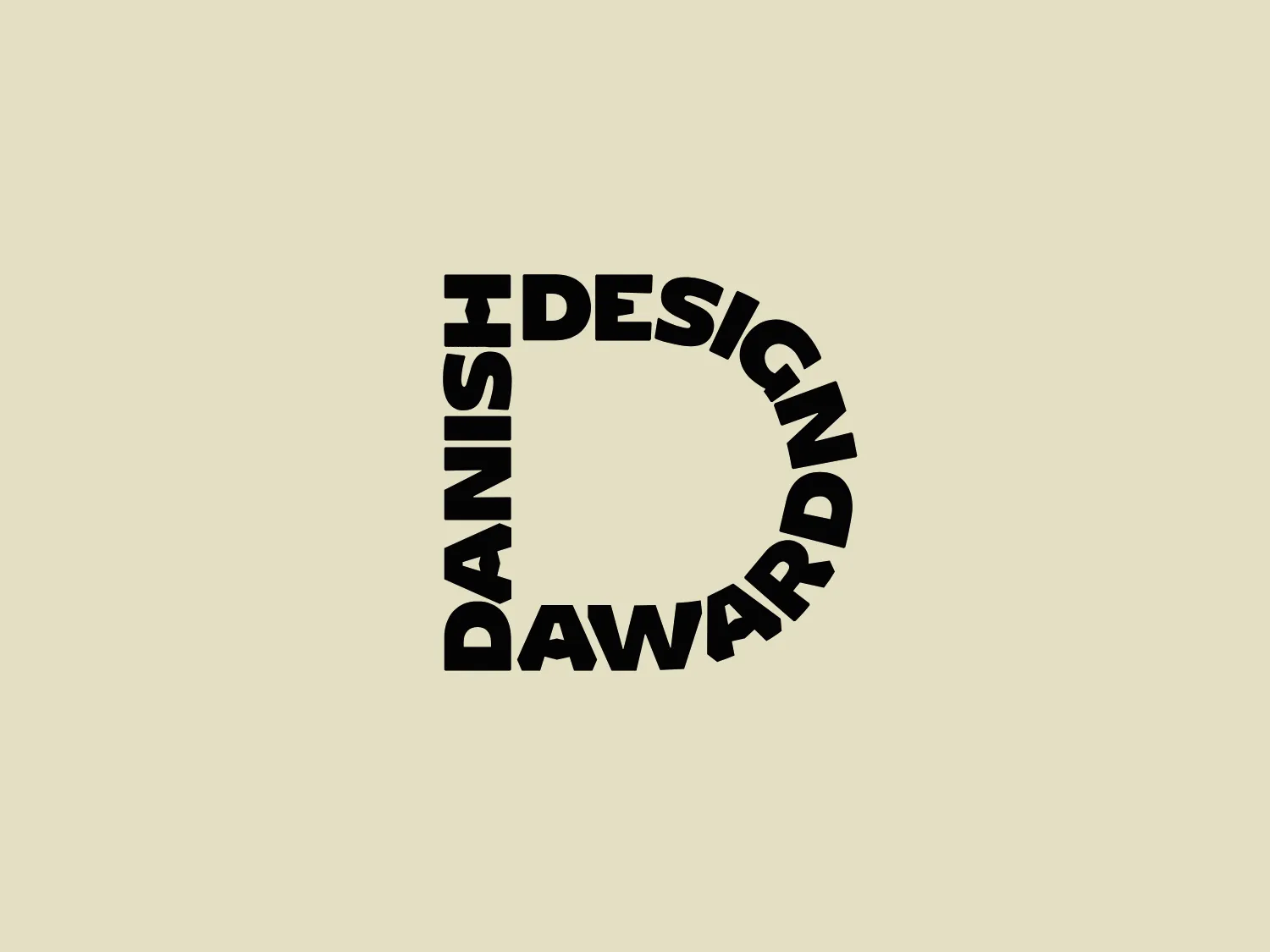 The Danish Design Award logo is a circular design that creatively integrates typography within its shape. The words "DANISH DESIGN AWARD" are arranged to form a circle with a clear, bold sans-serif font in black. The words are spaced evenly, creating a sense of balance and continuity, and the letters "D" in "DANISH" and "AWARD" align vertically to emphasize the acronym 'DDA'. Overall, the logo has a minimalistic and modern aesthetic, with a focus on readability and symmetry. The design needs a light background that complements its simplicity.