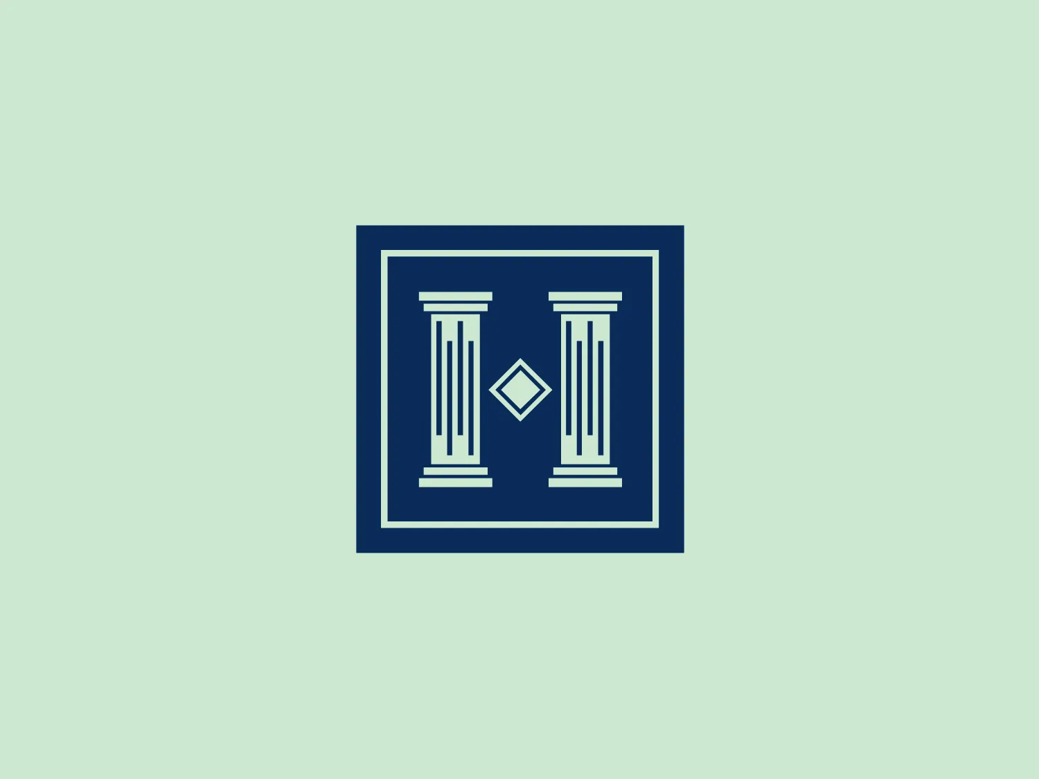 The Harren Equity Partners logo features a stylized representation of two pillars within a square border, all in a uniform dark blue hue, which gives it a formal and professional appearance. The pillars, depicted with clean lines and capped with classic capitals, evoke a sense of stability and tradition. Between the pillars, there is a diamond shape that adds a focal point to the design, creating an interesting contrast with the vertical lines. The square border reinforces the logo's structure and symmetry. The design's simplicity and use of negative space suggest modernity and elegance.