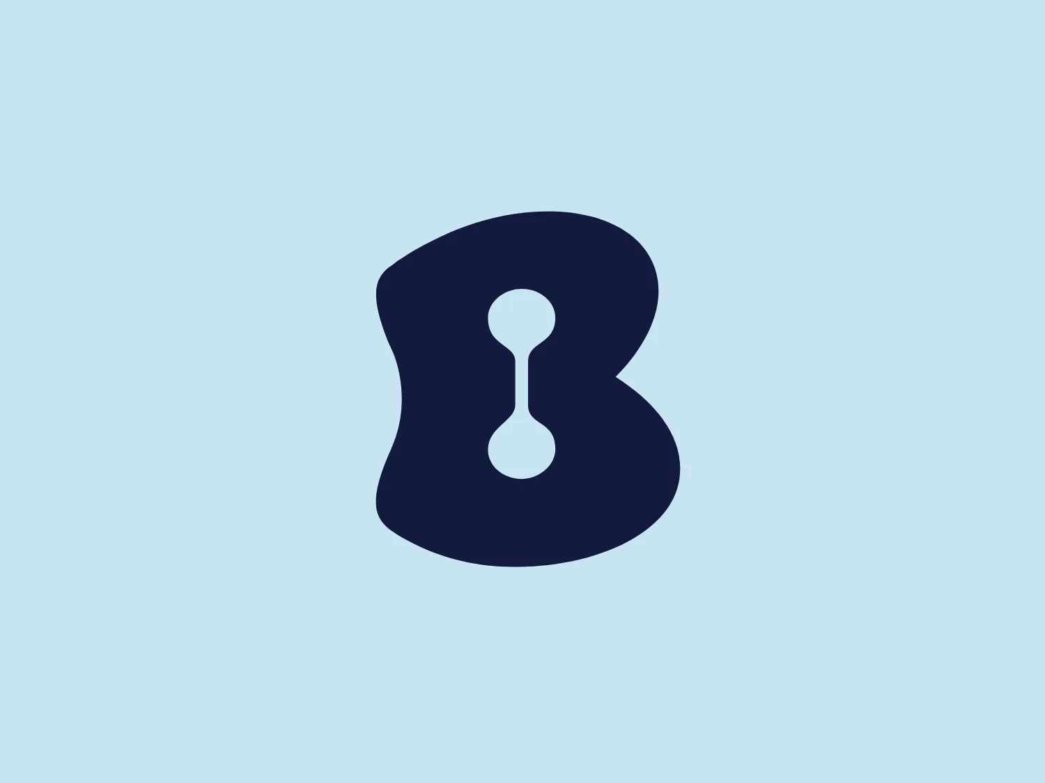 The Bezeq logo features a unique abstract shape resembling a stylized letter 'B.' It is composed of two primary shapes: an amorphous blob forming the body of the 'B,' and a white, hourglass-like figure in the center representing the negative space within the 'B.' The logo's color is a deep navy blue, offering a professional and sophisticated look. The contours of the design are smooth and organic, and there's a dynamic balance between the solid blue areas and the white centerpiece that grabs attention. The simplicity of the design grants it a modern and versatile feel.
