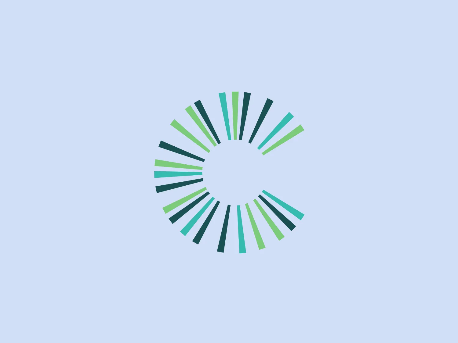 The Ville de Colombiers logo features a circular pattern composed of vertical bars varying in length and color, creating a dynamic sunburst or wheel-like effect. The color palette includes shades of teal from a light, almost mint-like hue to a deeper, rich teal. The bars are arranged in a gradient sequence, giving a sense of rotation and motion. The uniformly thick bars create a modern, balanced, and harmonious design, suggesting dynamism and growth, typical for a brand wanting to express innovation or energy.