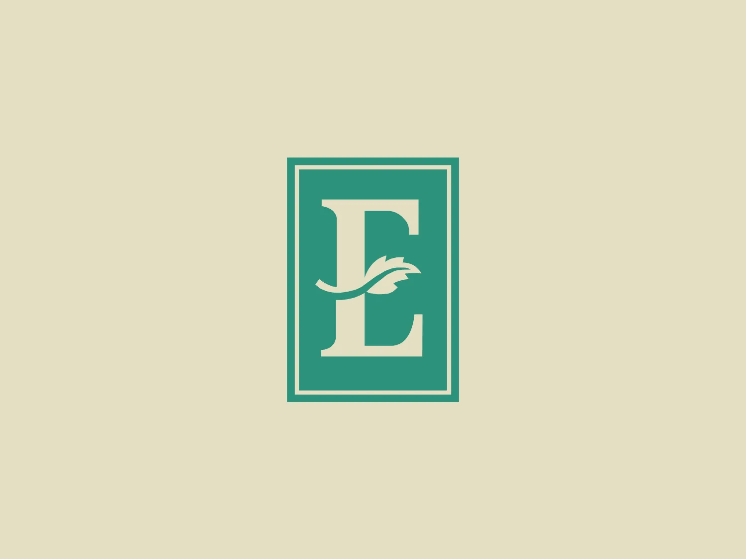 The Logo boasts a monochromatic stylized serif "E" in a bold font, enclosed within a simple rectangular border. The serene teal color exudes sophistication. Notably, the minimalist leaf motif adorns the letter "E," suggesting a natural focus. The design is modern, clean, and elegant, with serif typography adding a touch of refinement.