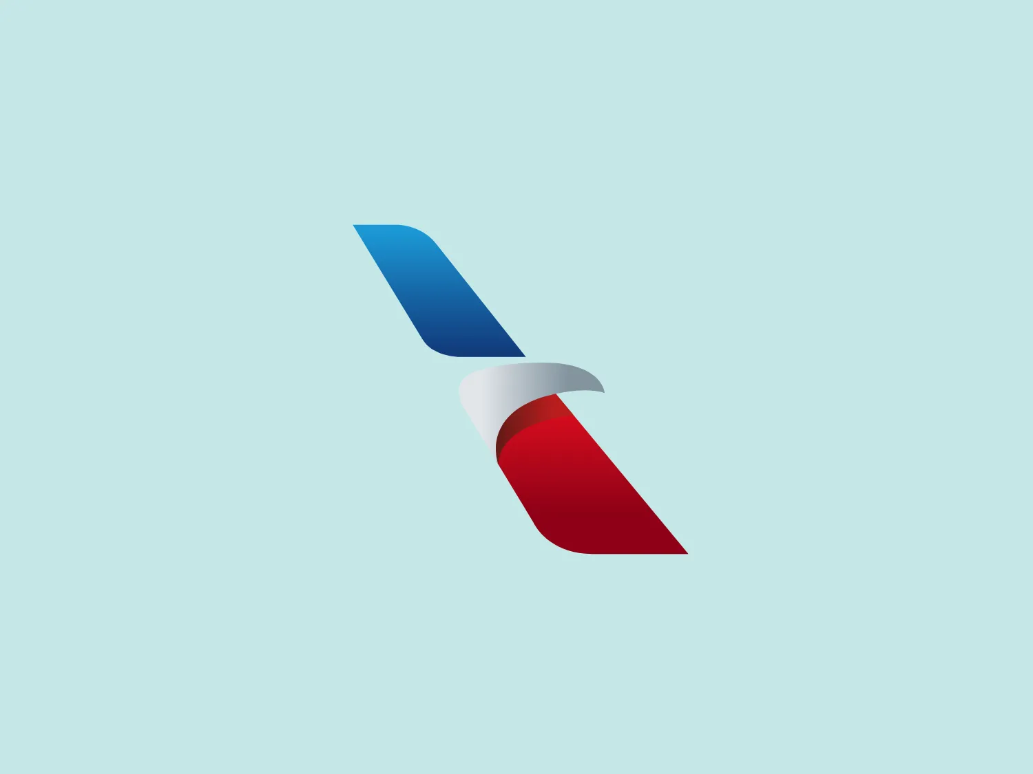 The American Airlines logo features a stylized, abstract image resembling a dynamic, angled design with the appearance of motion or a swift cut. The shapes within the logo are comprised of two primary forms that seem to represent two elements or materials interacting. The upper element is a cool blue with a gradient from a deeper to a lighter shade, giving a sense of depth, while the lower element is a vibrant red, also with a gradient for a 3D effect. These two main components are connected by a metallic silver or grey form that introduces a sleek, modern look to the overall design. The image conveys a sense of precision, cutting-edge technology, or possibly innovation in an industrial or creative field. A background color that would complement this logo nicely, bringing out the cool tones while providing enough contrast, would be a soft, muted blue.
