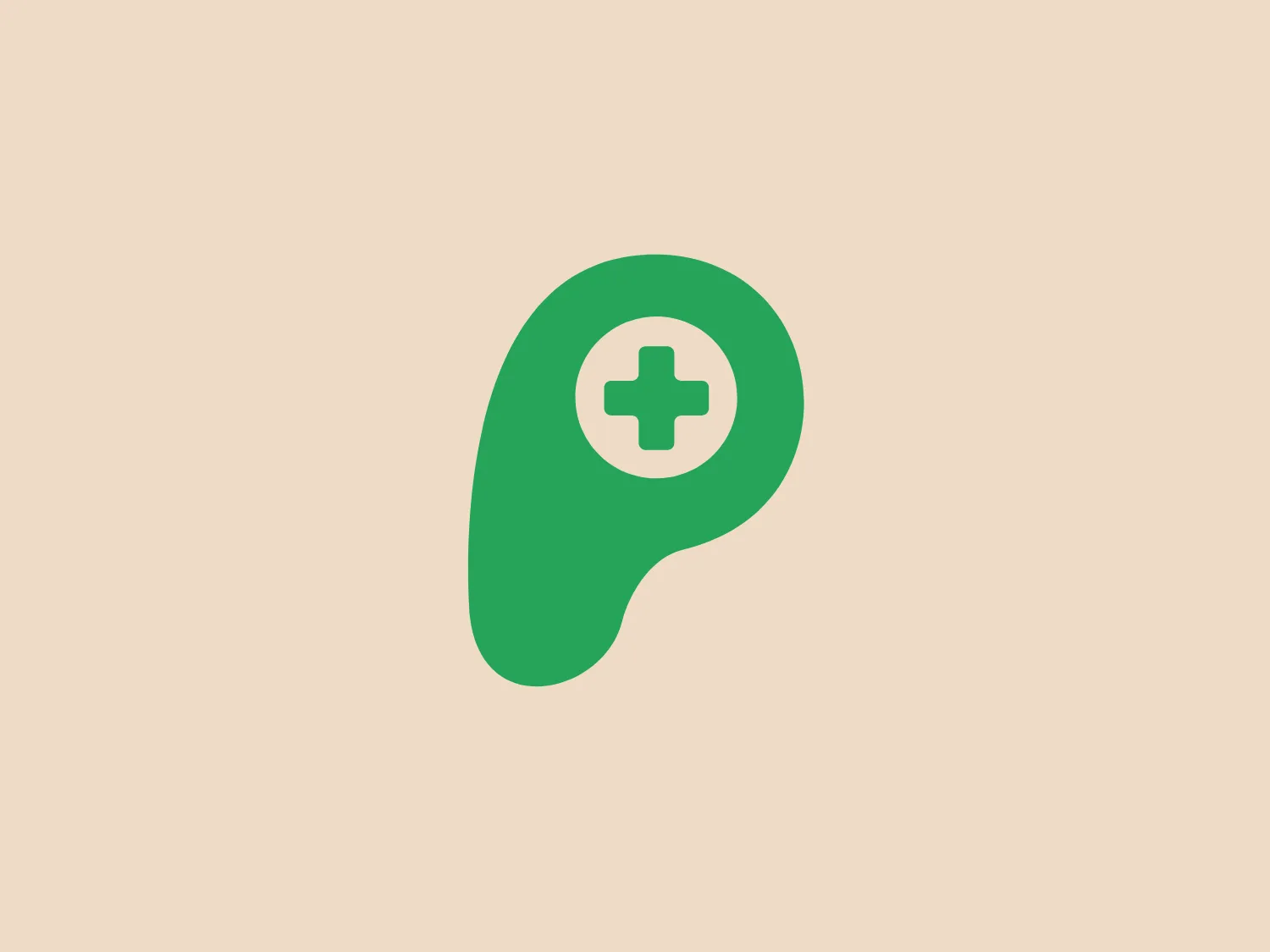 The Papaya Play logo features an abstract organic shape with a smooth, curving contour that resembles a bean or a stylized map pin. It is predominantly a rich, medium shade of green that suggests health, growth, or ecological themes. At the center of the shape is a white cross with even arms, clearly indicating medical or healthcare-related symbolism. The simplicity of the design, with its clean lines and lack of additional embellishment, gives it a modern and professional feel. For background, a color that provides a subtle contrast while maintaining the health-conscious aesthetic would be appropriate.