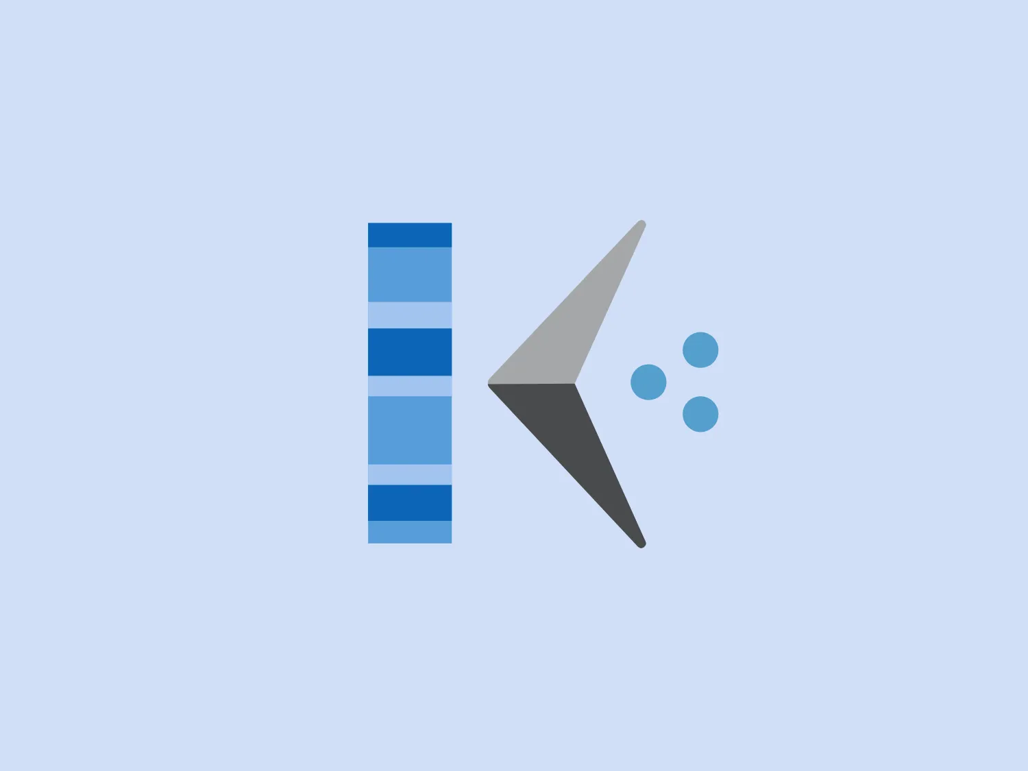 The image showcases a modern, abstract logo consisting of geometric shapes. It features a vertical rectangle on the left, divided into five horizontal stripes with varying shades of blue from dark at the top to lighter at the bottom. Adjacent to the rectangle is a stylized arrow pointing diagonally upward to the right; it is rendered in two shades of grey, with a lighter tone on the arrow’s right side showcasing depth and dimensionality. To the right of the arrow, there are three small circles in a triangular formation, echoing the arrow's trajectory and color. The overall design aesthetic is clean, professional, and suggests dynamism and progress. The shapes imply stability and forward movement.