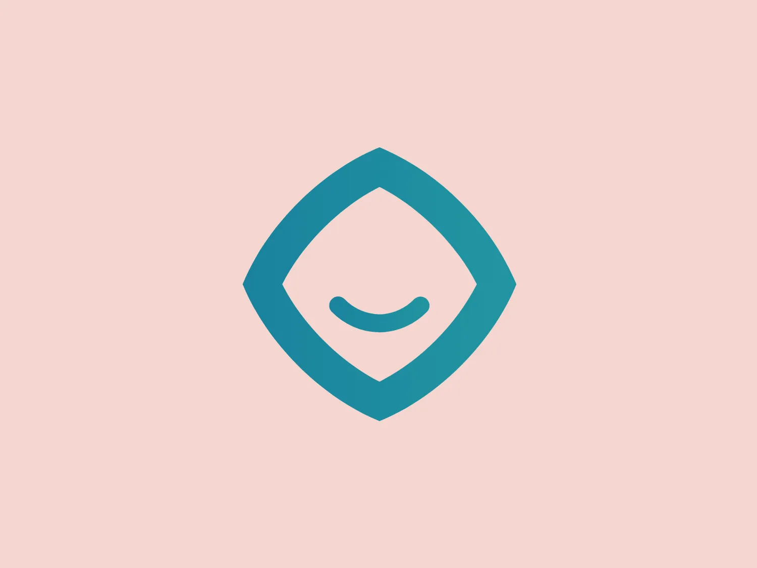 The Loyall logo features a stylized diamond-shaped outline in a rich teal color, slightly bowed outward. Inside the diamond shape, a simple, smiling arc centered towards the bottom suggests a minimalistic happy face. The arc is in the same teal color and does not touch the edges of the diamond, creating a sense of space within the design. The overall aesthetic is modern, clean, and friendly, with a use of negative space that emphasizes simplicity and approachability. Given the teal color of the Loyall logo, a background that contrasts yet complements it would enhance its appearance.