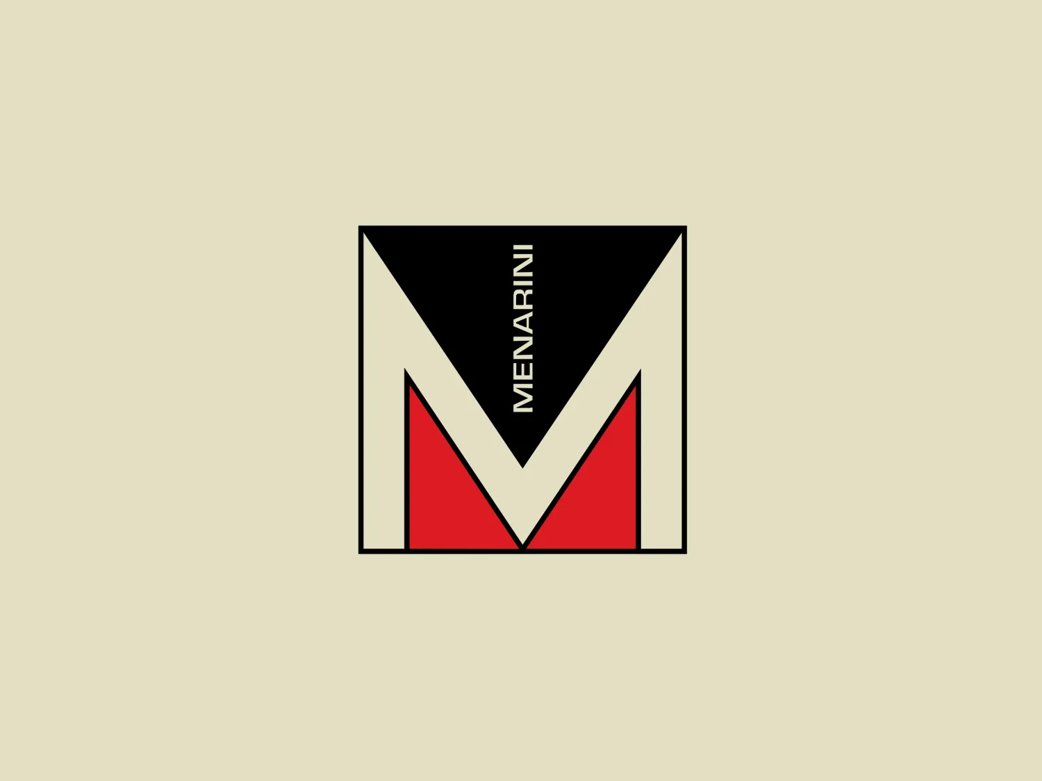The Menarini Group logo features a bold, geometric design with a captivating interplay of shapes and colors. The composition is anchored by a prominent letter "M" that doubles as a graphic element, created by a combination of contrasting colors and angular lines. Its structure includes a black inverted triangle at the top, with its base forming a horizontal line that intersects the "M," a white area that outlines the sides of the letter, and the bottom part of the "M" is filled with red, creating a striking visual emphasis. The use of black, white, and red contributes to a classic and professional appearance, while the crisp edges and stark color blocks give it a modern, minimalist aesthetic. The text "MENARINI" is situated across the black section in a sans-serif, uppercase font that complements the logo's sharp angles and clean lines.