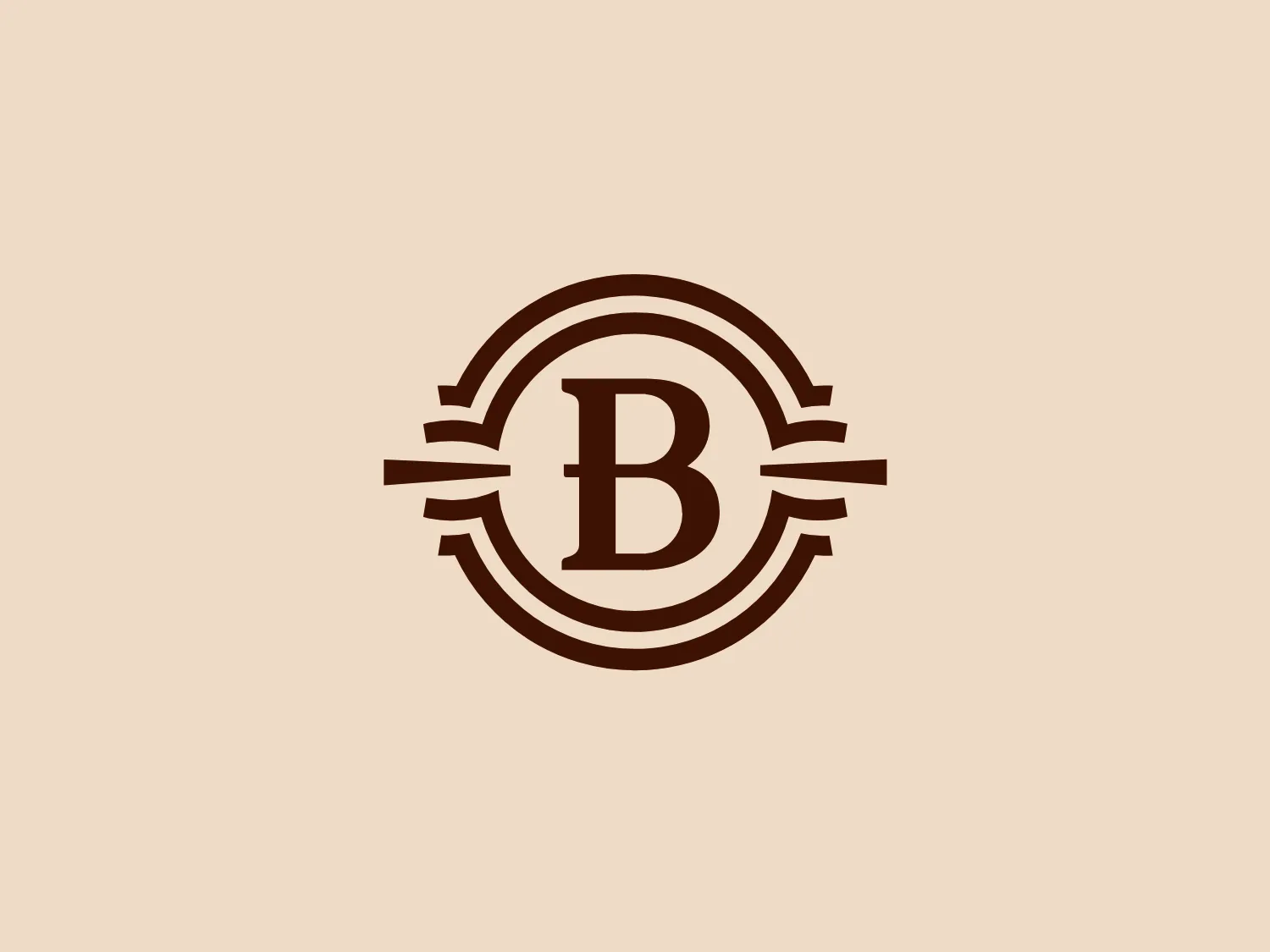 The Bazar Posnanski logo showcases a bold, capitalized letter 'B' in a serif font, set within a circular border. The border has two concentric circles with a gap, creating depth. Four evenly spaced horizontal lines create a dynamic burst effect, drawing attention to the central letter. The logo's rich, dark brown color exudes tradition and reliability, while the overall design exudes classic sophistication with a touch of vintage charm.