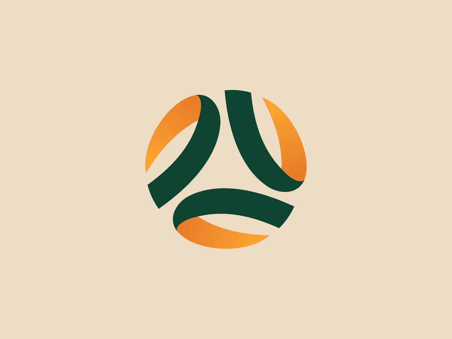 The logo for Football Australia features an abstract design composed of curved shapes that intertwine to create a sense of movement and harmony. The color palette includes a vivid shade of green paired with a burnt orange, giving the design a fresh and dynamic look. The shapes appear to be stylized leaves or petals, suggesting a theme of growth or the natural environment. The negative space created by the interplay of the elements contributes to the overall modern and organic feel of the logo.