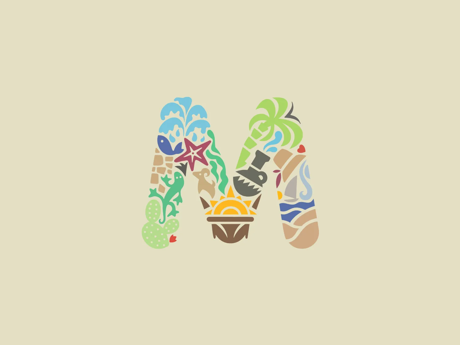 The "Mogan Mall" logo features a stylized letter "M" with an organic, flowing design, consisting of an array of muted colors such as soft greens, blues, yellows, reds, and browns. Each section of the "M" contains a different natural or nautical element, including waves, leaves, a starfish, a flower, and other abstract forms that evoke a sense of the environment and sustainability. The design of the logo is elegant and appears to be inspired by nature and conservation themes. The soft curves and the gentle overlap of elements convey a harmonious blend between different aspects of the natural world.