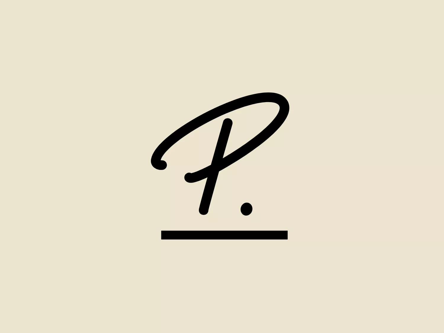 The image depicts a stylized, monochromatic logo featuring a dynamic, cursive letter that resembles a capital "P" for the brand "Personio." It has the fluidity and flair of a signature written with a thick marker, conveying a sense of elegance and personalized craftsmanship. The main body of the letter sweeps from left to right with a bold curve, while the tail end extends back below the baseline with a playful flick. The simplicity and high contrast of the black logo allow it to stand out sharply, and it would be well-suited to backgrounds that don't compete for attention. Given the elegant nature of the logo, a softer background would complement it well.