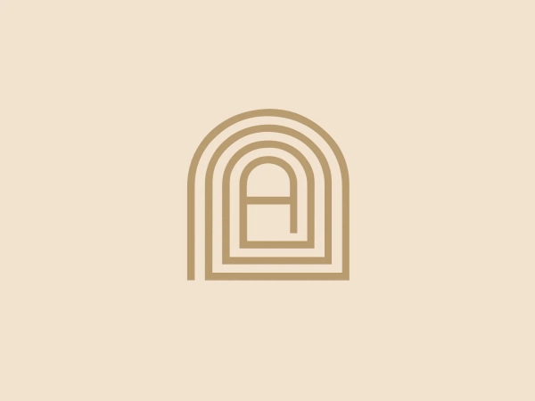 The Arch Residential logo features an abstract, geometric design resembling a series of nested arches with a flat base, creating a sense of depth. The modern and minimalist aesthetic is conveyed through multiple lines with varying thicknesses. The monochromatic color scheme in shades of beige gives it a clean and sophisticated appearance. An interesting feature is the smaller, solid shape in the center, reminiscent of a doorway or window, adding to its architectural vibe.