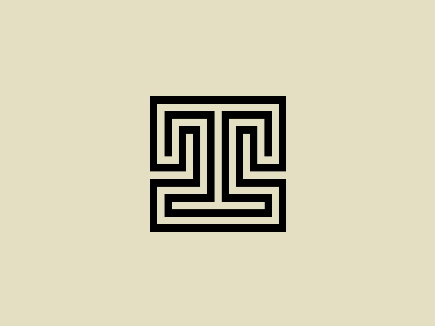 The logo for Tammi showcases a bold, geometric design reminiscent of a labyrinth or maze structure with central symmetry. It features uninterrupted, interconnected lines forming mirrored letter 'T' shapes, sharing a common base line and creating an overall square frame for the design. The monochromatic color scheme of stark black against a white background gives it a modern, high-contrast look. With a minimalistic aesthetic, the logo conveys strong branding through its clear, crisp lines and impactful visual effect.