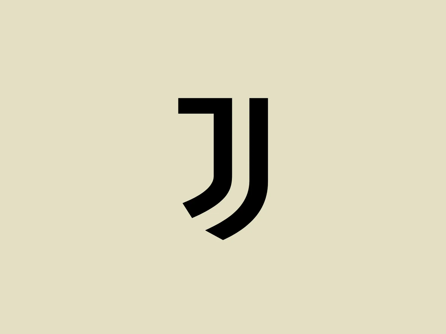 The Juventus logo features a stylized letter "J" with the body of the letter formed by two black parallel lines that curve at the base, suggesting a modern and minimalist design aesthetic. The top part of the letter is slightly bolder and there is a clear cut in the shape where the lines diverge to create the hook of the "J." The entire figure creates a dynamic and fluid feel, as if in motion, and the use of bold black lines gives a strong visual contrast that would stand out against various backgrounds. Given its simplicity and boldness, a lighter, non-distracting background color would complement it well.