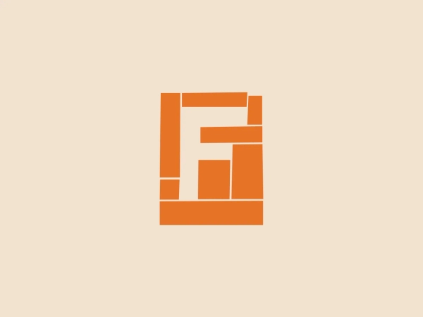 The Farmigo logo features a bold, modern design composed of geometric shapes forming a stylized letter, reminiscent of a monogram. The composition is primarily made up of rectangles and squares with clean lines and right angles, creating a sense of stability and structure. The color is a striking shade of orange, which conveys energy and creativity. The interlocking shapes suggest connectivity and integration. Given the vividness of the orange, a softer background would complement it well without competing for attention.