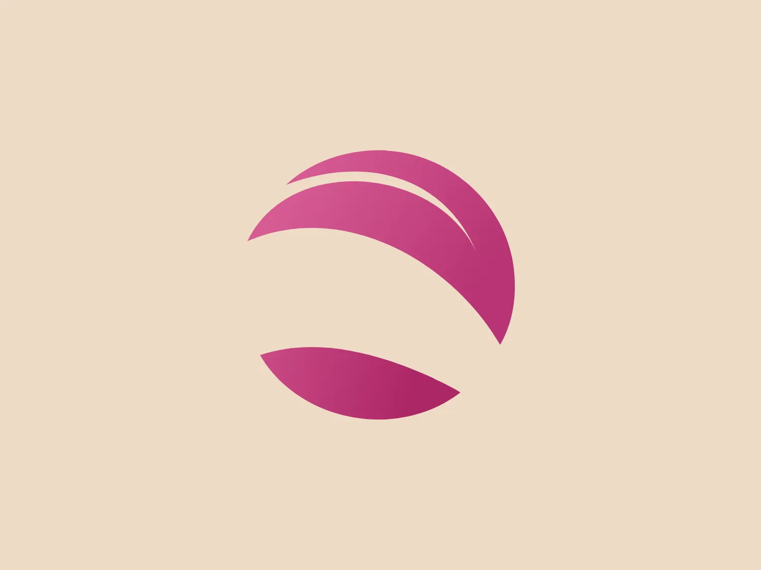 The Olmec logo features three abstract, magenta-colored shapes that resemble curved lines or stylized leaves, arranged in an overlapped fashion to form a spherical shape. The lines are thick and have a smooth, flowing form, conveying a sense of motion and harmony. The shapes are gradient-filled, with the color transitioning from a more intense magenta to a lighter, softer pink, giving the logo a modern and dynamic appearance. The overall aesthetic is sleek, contemporary, and evokes a sense of organic growth or movement.