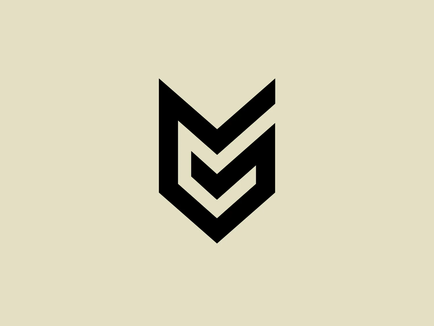 The image showcases a bold, geometric logo consisting of black lines forming an abstract, layered "M" shape within a hexagon-like outline. The design exhibits a modern, minimalist style with sharp angles and a clear sense of symmetry. The use of negative space creates an intriguing optical illusion that draws the eye inward. The stark contrast between the black figure and the white background enhances Guerrilla Games' striking and professional appearance, making it very versatile and well-suited for various branding applications.